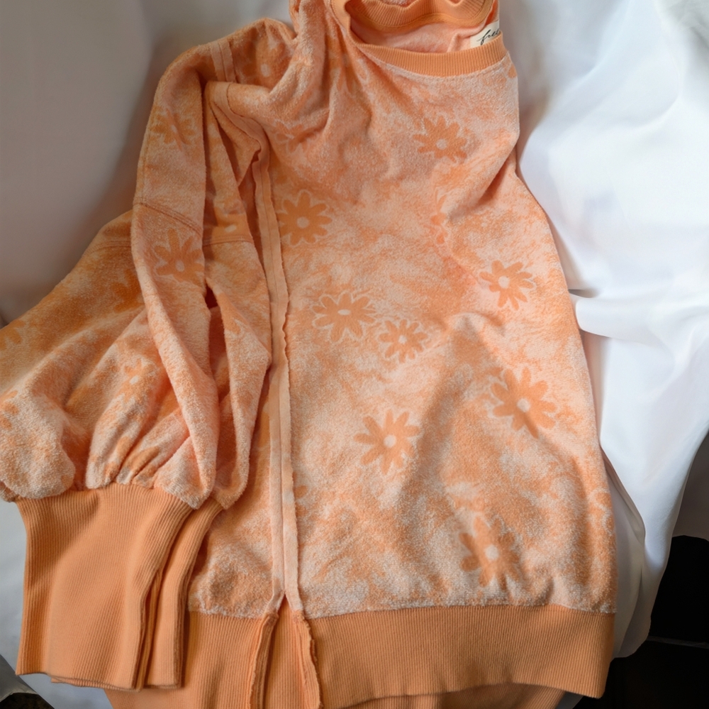 Free People Steal My Sunshine Pullover Terry Cloth Blend Orange White Large NWT - Picture 12 of 13